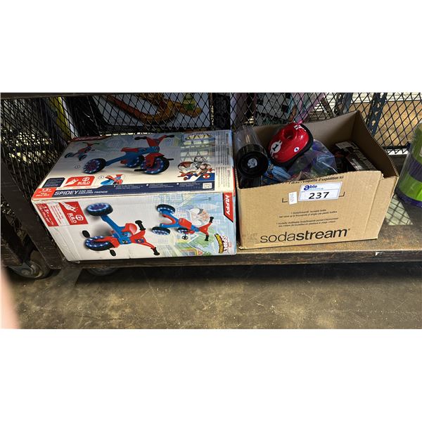 SPIDERMAN TRICYCLE & BOX OF ASSORTED TOYS - *WORKING CONDITION UNKNOWN/MAY BE MISSING PARTS