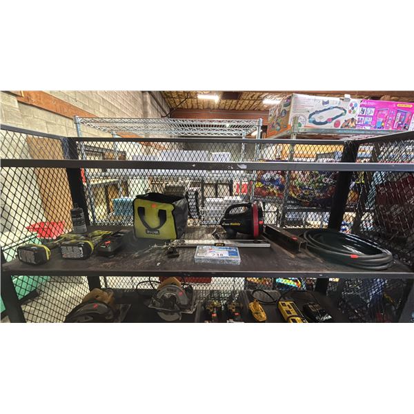 SHELF OF RYOBI CORDLESS DRILLS, RYOBI TOOL BAG, 555 PC COTTER PIN KIT, MR HEATER LITTLE BUDDY & MORE