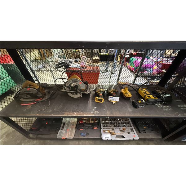 SHELF OF DEWALT CIRCULAR SAWS, DEWALT CORDLESS DRILLS, FLEXICORD POWER BAR & MORE