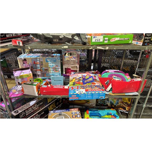 SHELF OF ASSORTED TOYS: KID KRAFT KITCHEN, UNICORN FAMILY PLAYSET, LITTLE TIKE PLAY CENTER & MORE