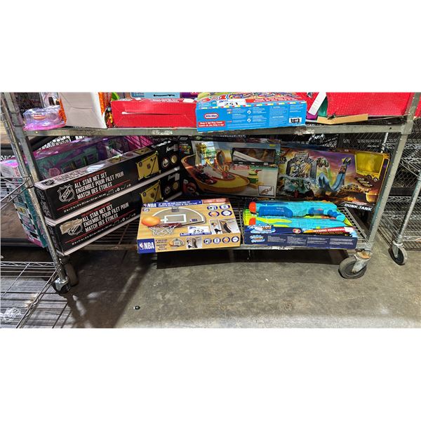 SHELF OF ASSORTED TOYS: NHL ALL STAR NET SETS, OVER THE DOOR BASKETBALL, GABBY'S DOLL HOUSE & MORE