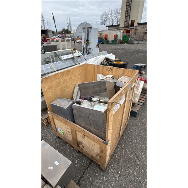 CRATE OF ASSORTED MACHINERY CONTROL PANELS & MORE