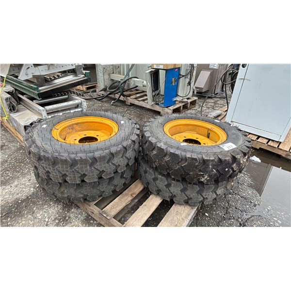 SET OF 4 8.25-1.6 TIRES MOUNTED ON 6 BOLT METAL RIMS - 210KPA, 650KG