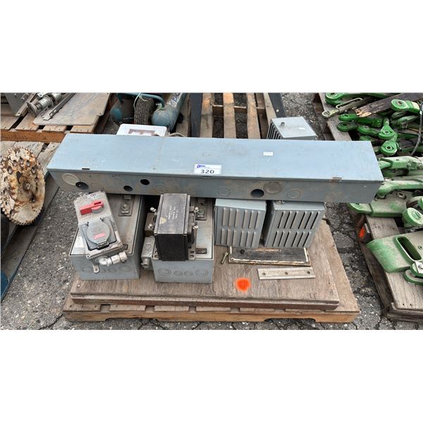 PALLET OF ASSORTED ITEMS INCLUDING; ELECTRICAL BOXES, EXIT SIGN, HUBBEL; CIRCUIT-LOCK SAFETY SHROUD