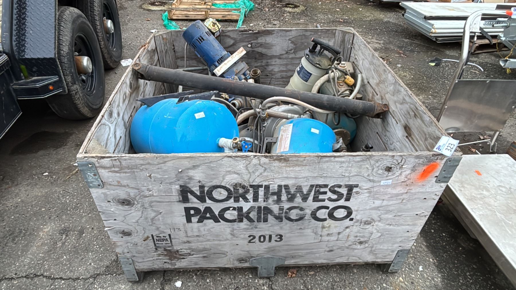CRATE OF ASSORTED ITEMS INCLUDING; JET-RITE 2 PORTABLE AIR COMPRESSOR ...