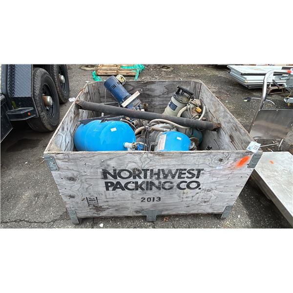 CRATE OF ASSORTED ITEMS INCLUDING; JET-RITE 2 PORTABLE AIR COMPRESSOR, FELA OIL EXTRACTOR, MOTORS &