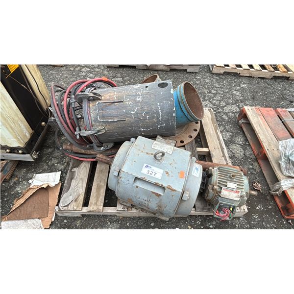 PALLET OF ASSORTED MOTORS, HEAVY DUTY METAL VALVE Y-SPLITTER & HIGH PRESSURE TANK