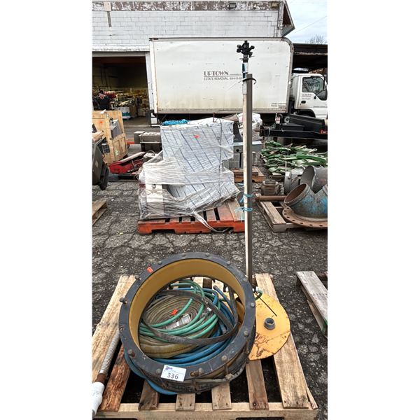 PALLET OF ASSORTED ITEMS INCLUDING; HEAVY DUTY PIPE SEAL, GARDEN HOSE, FIRE HOSE & MORE
