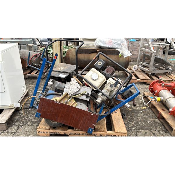 PALLET OF ASSORTED ITEMS INCLUDING; WATER PUMP, SCHUMACHER BATTERY CHARGER, GAS MOTOR & MORE