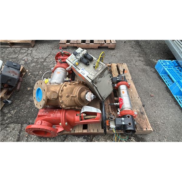 PALLET OF ASSORTED ITEMS INCLUDING; HIGH PRESSURE WATER PIPING, ELECTRICAL BOX  BACKFLOW CHECK