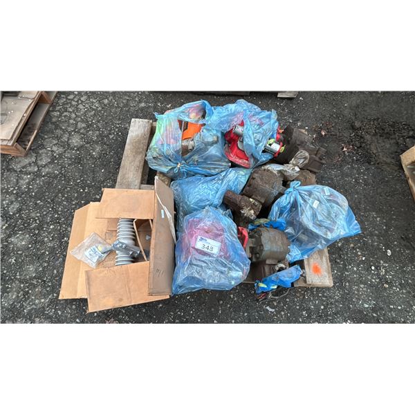 PALLET OF ASSORTED ITEMS INCLUDING; INDUSTRIAL WATER PUMPS, CHANCE FUSED CUTOUT, HYDRAULIC FILTERS