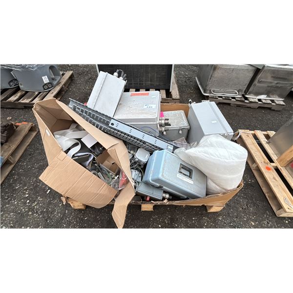 PALLET OF ASSORTED ITEMS INCLUDING; ELECTRICAL BOXES, BOILER/COOLING WATER TEST KIT, MACHINE PARTS