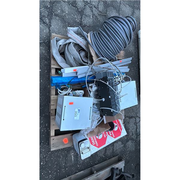 PALLET OF ASSORTED ITEMS INCLUDING; FIRE HOSE, ALLEN BRADLEY 10-SLOT RACK, COPELAND ULTRA 32-3MAF