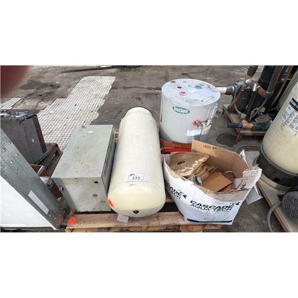PALLET OF ASSORTED ITEMS INCLUDING; WATER TANKS, WINDOW SEALANT STRIPS & MORE