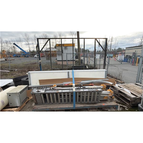 PALLET OF ASSORTED ITEMS INCLUDING; CONVEYOR PARTS, BAY/GARAGE DOOR PANELS, FOLDING MITER SAW