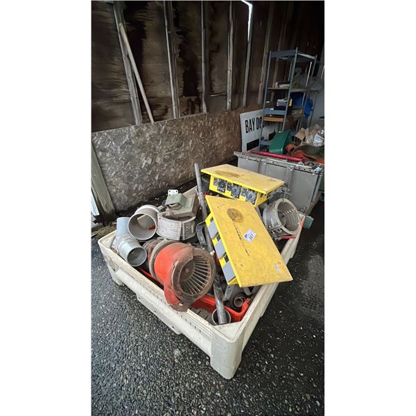 PALLET OF ASSORTED ITEMS INCLUDING; PORTABLE POWER DISTRIBUTION UNITS, HIGH GAUGE HOSE PARTS, PIPE