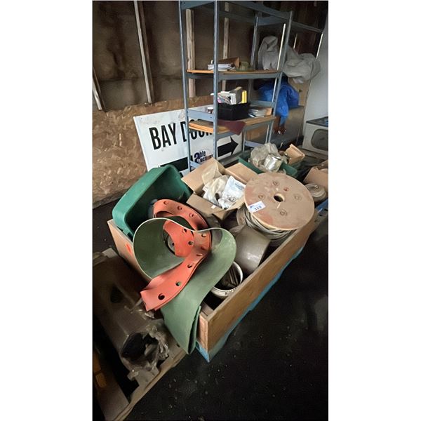 PALLET OF ASSORTED ITEMS INCLUDING; RUBBER PIPE SEALS, HARDWARE, SPOOL OF WIRE & MORE