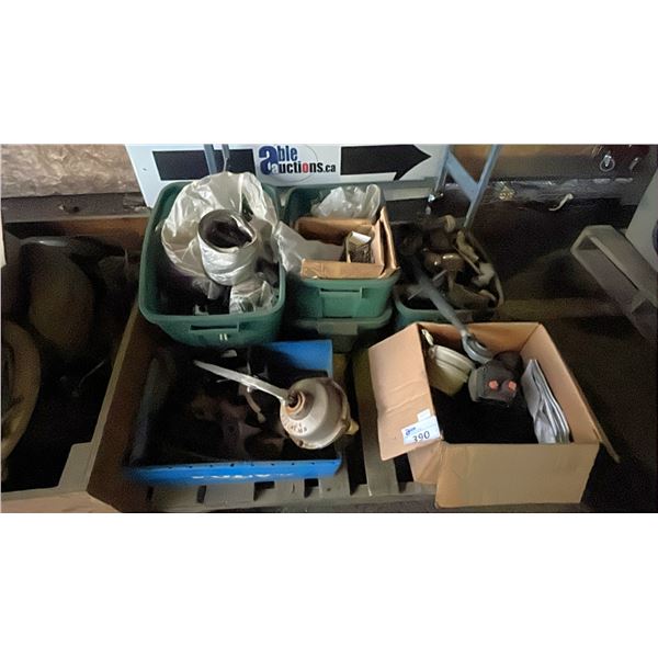 PALLET OF ASSORTED ITEMS INCLUDING; HARDWARE, PIPING PARTS, ELECTRICAL PARTS & MORE