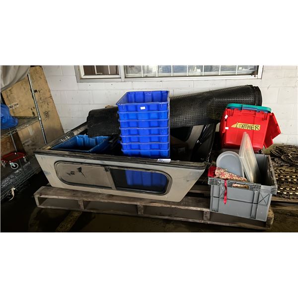 PALLET OF ASSORTED ITEMS INCLUDING; CANOPY, STACKING BINS, ROLL-OUT AREA MAT & MORE