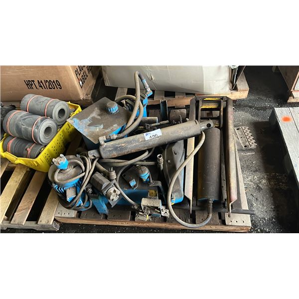 PALLET OF ASSORTED ITEMS INCLUDING; HYDRAULICS, MOTORS & MORE