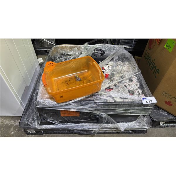 PALLET OF ASSORTED ITEMS INCLUDING; CLOTHING SECURITY TAGS, SHOPPING CART CHILD SEATBELTS, &
