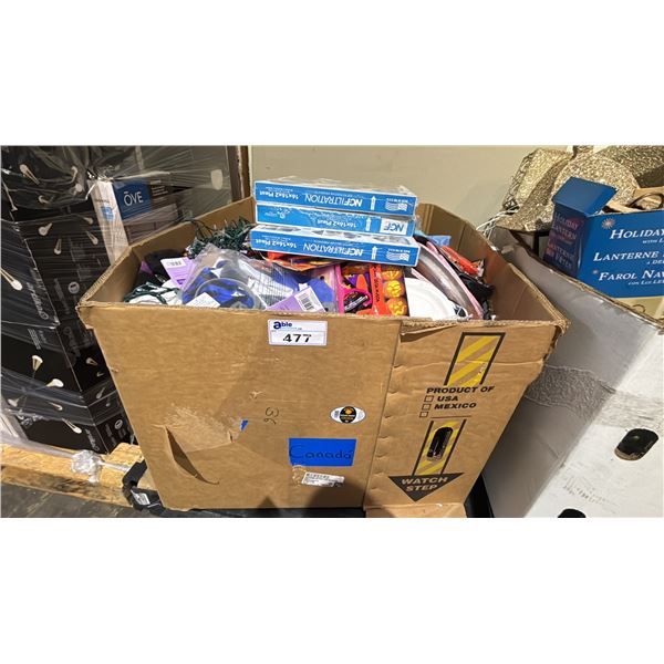 PALLET OF ASSORTED ITEMS INCLUDING; FURNACE FILTERS, CHRISTMAS LIGHTS, HALLOWEEN PUMPKIN CARVING