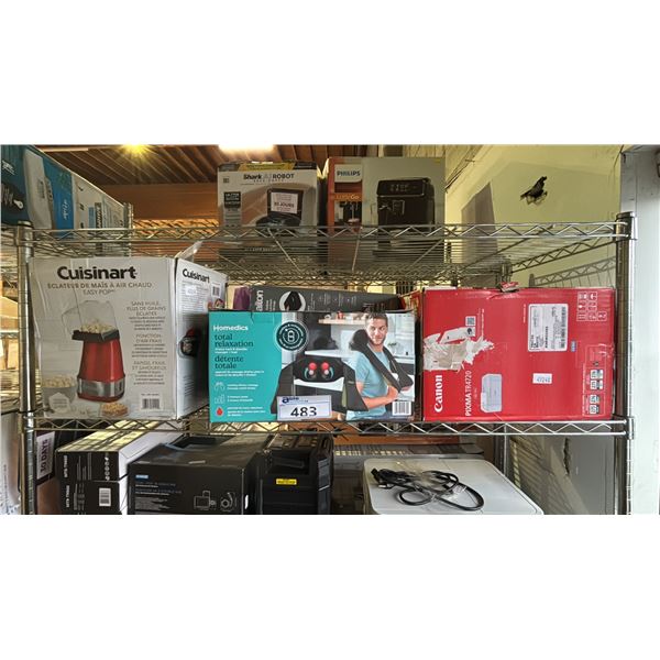 SHELF OF ASSORTED ITEMS INCLUDING; POPCORN MAKER, SHOULDER/NECK MASSAGER, CANON PRINTER & MORE