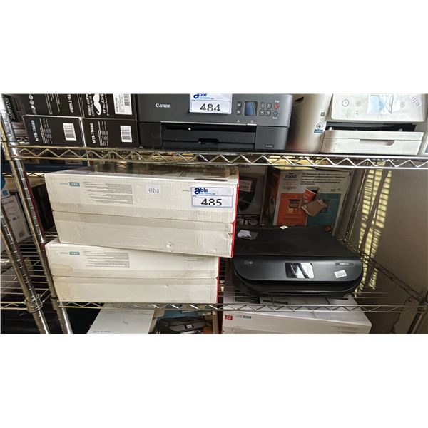 SHELF OF (2) CANON PIXMA TS3429 PRINTERS & HP ENVY 5052 PRINTER