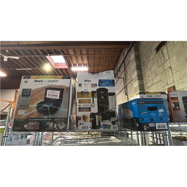 SHELF OF ASSORTED ITEMS INCLUDING; ATOMS GARAGE DOOR OPENER, NINJA GROUNDS & PODS COFFEE SYSTEM &
