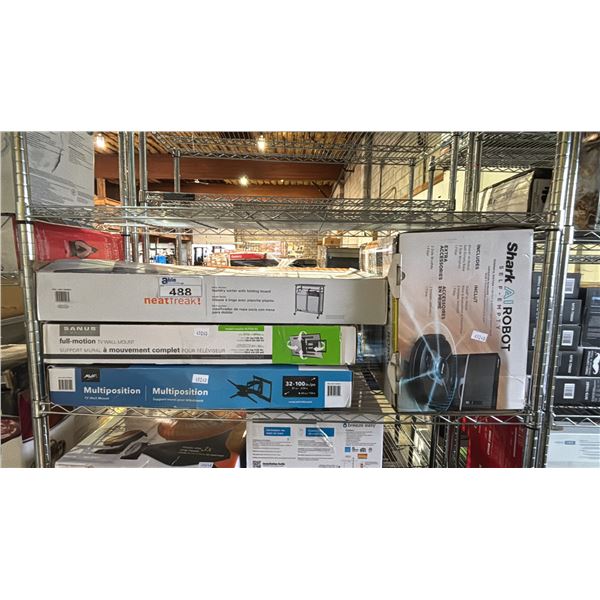 SHELF OF ASSORTED ITEMS INCLUDING; AVF MULTIPOSITION 32-100" TV WALL MOUNT, NEATFREAK! LAUNDRY