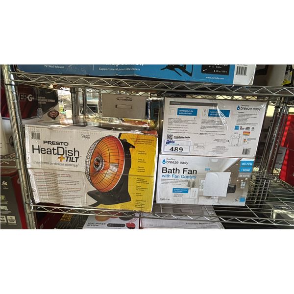 SHELF OF (2) BREEZE EASY BATH FAN WITH FAN CONTROL & PRESTO HEATDISH+TILT PARABOLIC HEATER