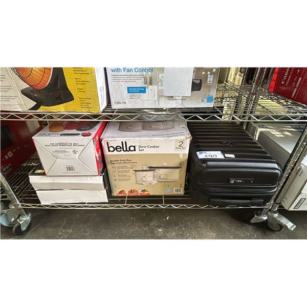 SHELF OF ASSORTED ITEMS INCLUDING; DELSEY LUGGAGE, BELLA SLOW COOKER SET, DASH MULTIMAKER MINI