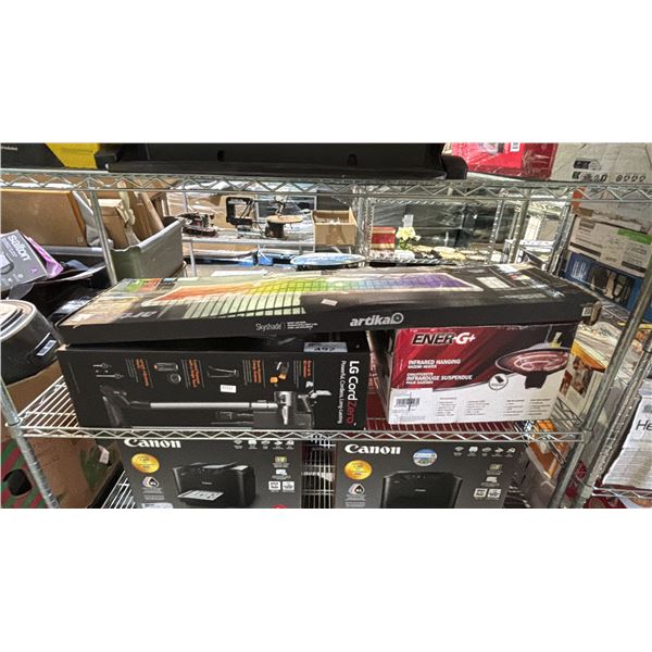 SHELF OF ASSORTED ITEMS INCLUDING; ARTIKA SKYSHADE SMART LED PANEL LIGHT, LG CORDZERO CORDLESS