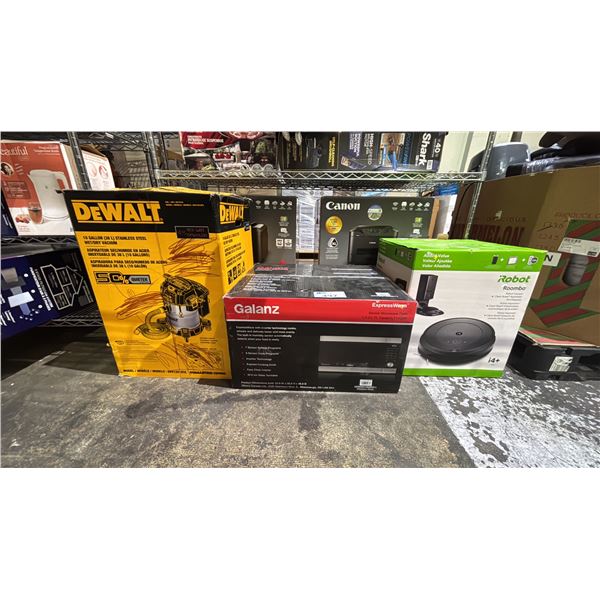 ASSORTED ITEMS INCLUDING; DEWALT 10 GALLON STAINLESS STEEL WET/DRY VACUUM, GALANZ MICROWAVE &