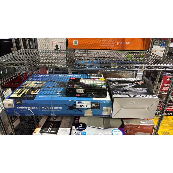 SHELF OF ASSORTED ITEMS INCLUDING; AVG MULTIPOSITION 32-100" TV WALL MOUNT, GLOVE 4" SMART RECESSED