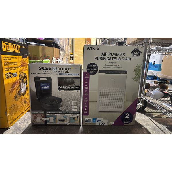 SHELF OF WINIX AIR PURIFIER & SHARK IQ ROBOT SELF EMPTY XL ROBOT VACUUM