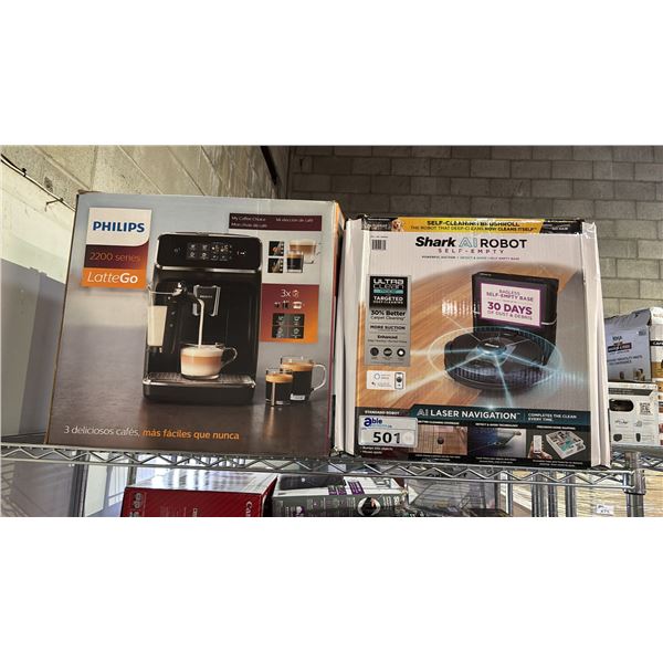 SHELF OF PHILIPS 2200 SERIES LATTEGO COFFEE MACHINE & SHARK AI ROBOT SELF-EMPTY ROBOT VACUUM