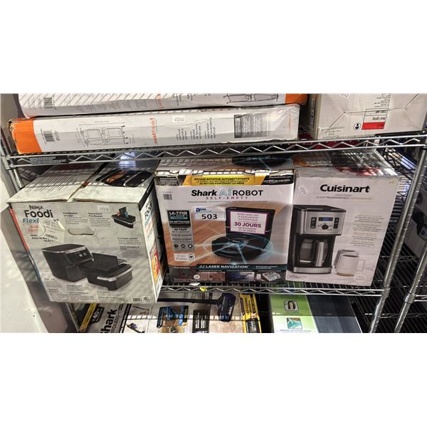 SHELF OF ASSORTED ITEMS INCLUDING; CUISINART PERFECTTEMP 14 CUP PROGRAMMABLE COFFEE MACHINE, SHARK