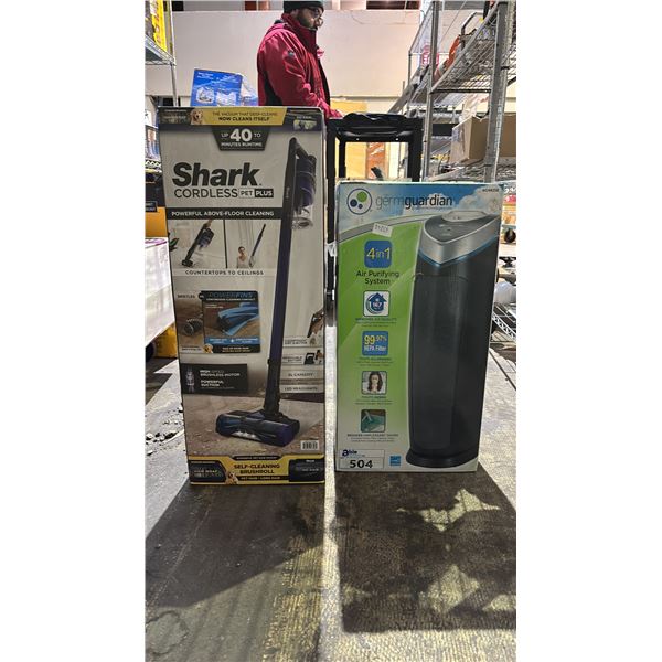 SHELF OF ASSORTED ITEMS INCLUDING; GERMGUARDIAN 4-IN-1 AIR PURIFYING SYSTEM, SHARK CORDLESS PET