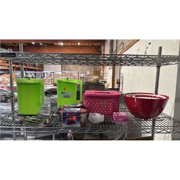 SHELF OF ASSORTED ITEMS INCLUDING; BERRY KEEPER CONTAINERS, PITCHERS, MIXING BOWL SET & MORE