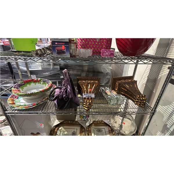 SHELF OF ASSORTED ITEMS INCLUDING: PLASTIC SERVING BOWLS AND PLATES, WALL SCONCES,