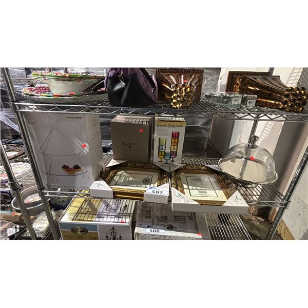 SHELF OF ASSORTED ITEMS INCLUDING, PICTURE FRAMES, CAKE TRAY, STACKABLE TUMBLERS