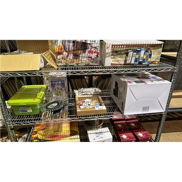 SHELF OF ASSORTED ITEMS INCLUDING; WALL CLOCKS, SET OF 3 STORAGE BASKETS, STERILITE STORAGE TOTES &
