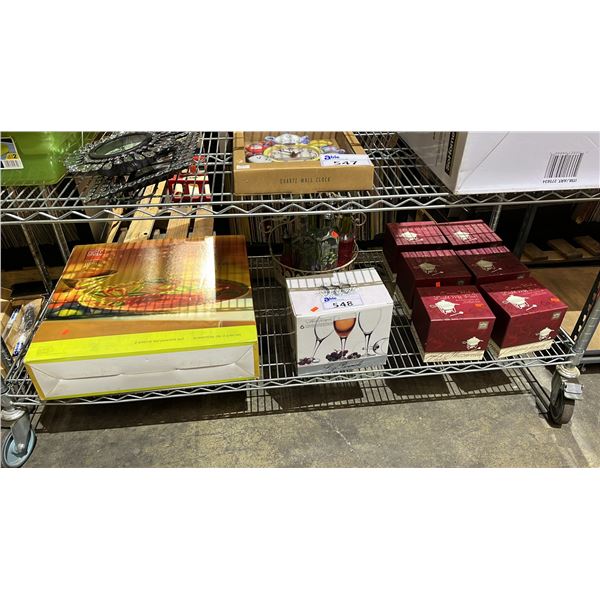 SHELF OF ASSORTED ITEMS INCLUDING; WARM DIP SERVING ENSEMBLES, WINE GLASSES, 2-PC SERVINGWARE SET &