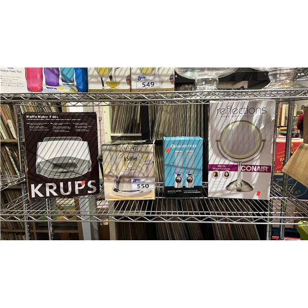 HELF OF ASSORTED ITEMS INCLUDING; KRUPS WAFFLE MAKER, TEA KETTLE, CONAIR VANITY MIRROR & GADGETREE