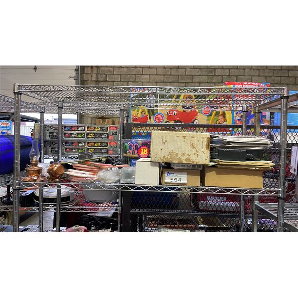 SHELF OF ASSORTED ITEMS INCLUDING; ROUTER, SMALL OIL LANTERNS, SCISSOR SET & MORE