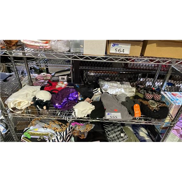 SHELF OF ASSORTED CLOTHING, SHOES & STUFFED ANIMAL