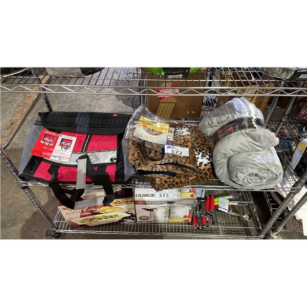 SHELF OF ASSORTED ITEMS INCLUDING; THROW BLANKETS & MULTI TOTE