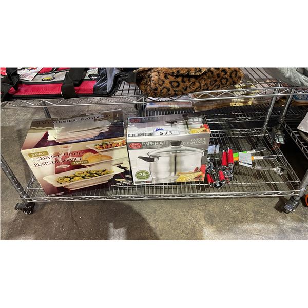 SHELF OF ASSORTED ITEMS INCLUDING; E-PC SERVING DISHES, REMY OLIVIER IMPREIA II FALLOUT DUTCH OVEN,