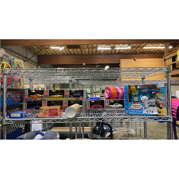 SHELF OF ASSORTED TOYS INCLUDING; THOMAS & FRIENDS RAILWAY ADVENTURES, MSZ CROOM TECH EXOTIC CAR
